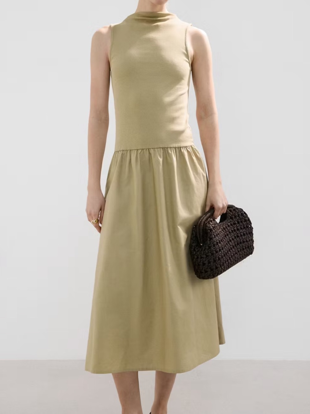 Mango Sleeveless Maxi Dress in Olive Green CONTRAST-BODICE DRESS 7141